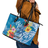 Personalised Kosrae States Humpback Whale Leather Tote Bag Polynesian Tropical Flowers LT9 - Polynesian Pride