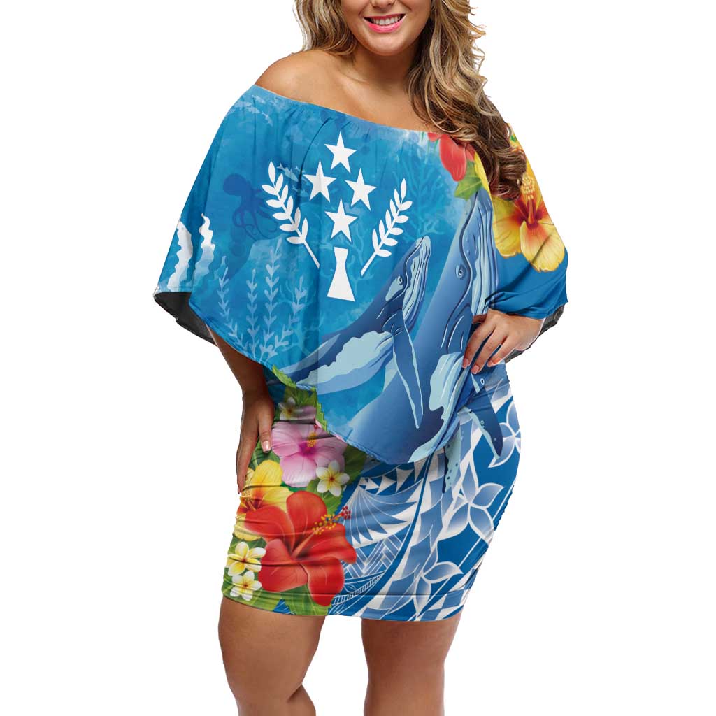 Personalised Kosrae States Humpback Whale Off Shoulder Short Dress Polynesian Tropical Flowers LT9 Women Blue - Polynesian Pride