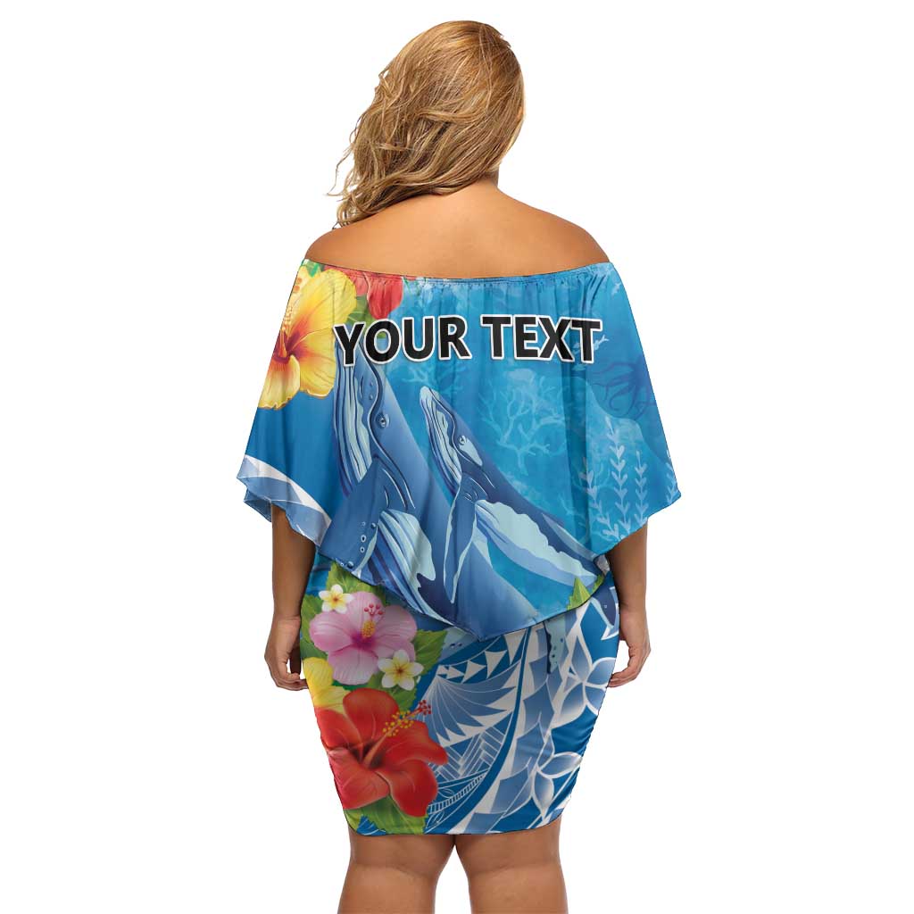 Personalised Kosrae States Humpback Whale Off Shoulder Short Dress Polynesian Tropical Flowers LT9 - Polynesian Pride