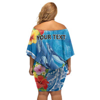 Personalised Kosrae States Humpback Whale Off Shoulder Short Dress Polynesian Tropical Flowers LT9 - Polynesian Pride