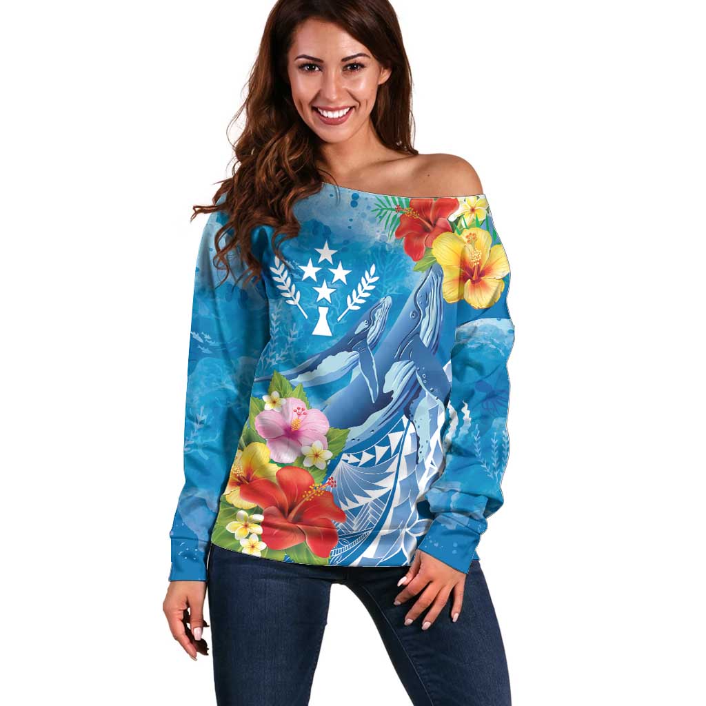 Personalised Kosrae States Humpback Whale Off Shoulder Sweater Polynesian Tropical Flowers