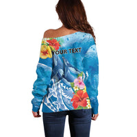 Personalised Kosrae States Humpback Whale Off Shoulder Sweater Polynesian Tropical Flowers LT9 - Polynesian Pride