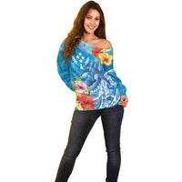 Personalised Kosrae States Humpback Whale Off Shoulder Sweater Polynesian Tropical Flowers LT9 - Polynesian Pride