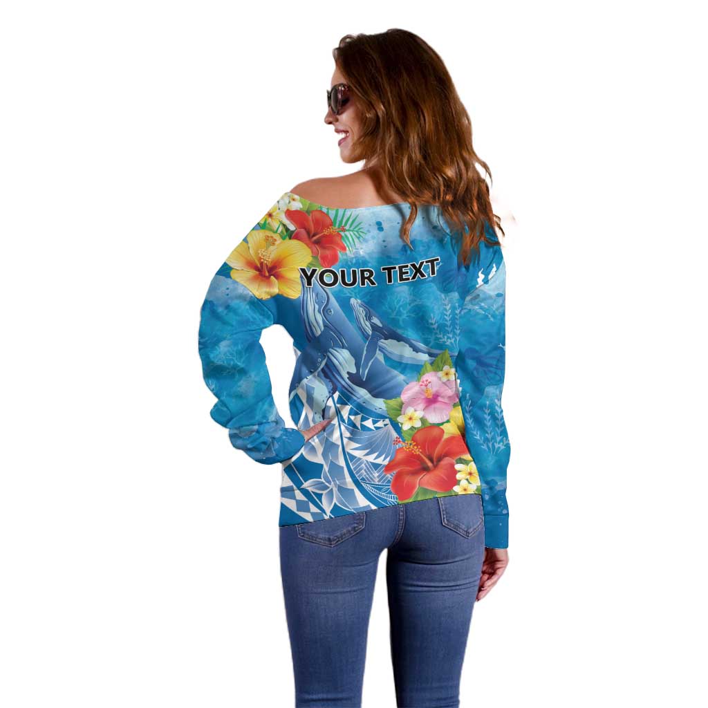 Personalised Kosrae States Humpback Whale Off Shoulder Sweater Polynesian Tropical Flowers LT9 - Polynesian Pride
