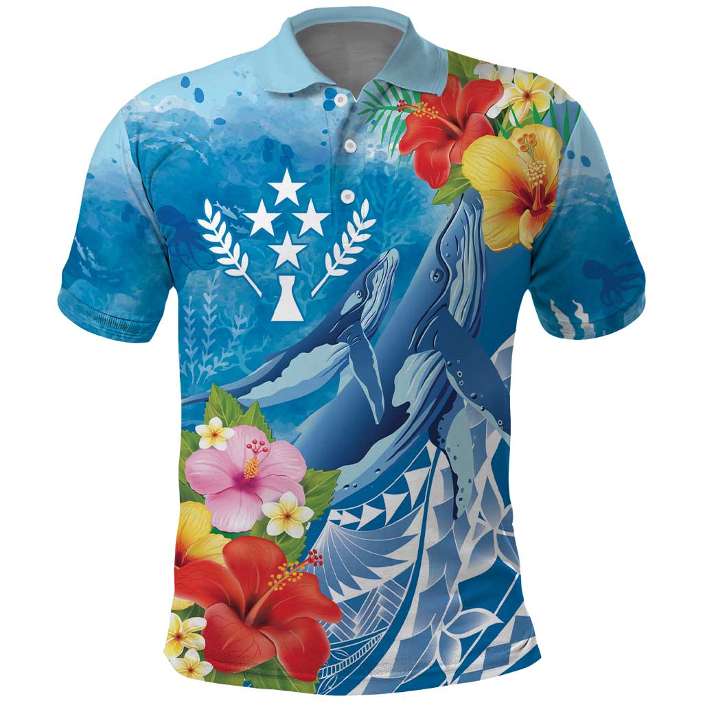 Personalised Kosrae States Humpback Whale Polo Shirt Polynesian Tropical Flowers LT9 Blue - Polynesian Pride