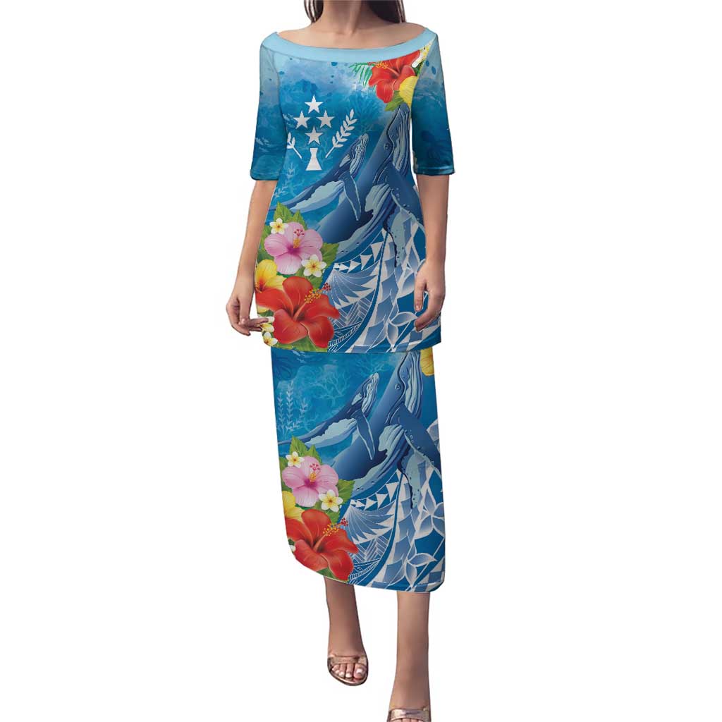 Personalised Kosrae States Humpback Whale Puletasi Polynesian Tropical Flowers LT9 Long Dress Blue - Polynesian Pride