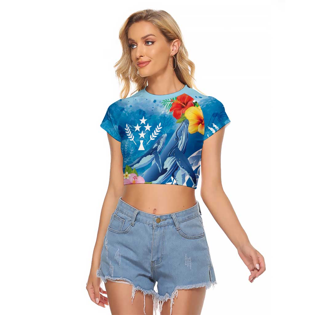 Personalised Kosrae States Humpback Whale Raglan Cropped T Shirt Polynesian Tropical Flowers LT9 Female Blue - Polynesian Pride