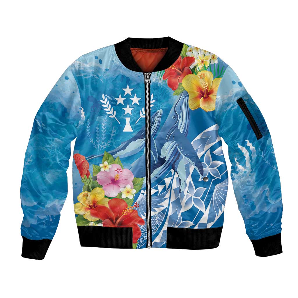 Personalised Kosrae States Humpback Whale Sleeve Zip Bomber Jacket Polynesian Tropical Flowers LT9 Unisex Blue - Polynesian Pride