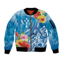 Personalised Kosrae States Humpback Whale Sleeve Zip Bomber Jacket Polynesian Tropical Flowers LT9 Unisex Blue - Polynesian Pride