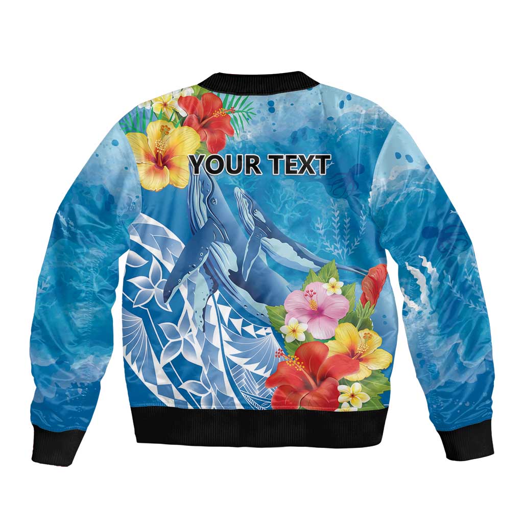 Personalised Kosrae States Humpback Whale Sleeve Zip Bomber Jacket Polynesian Tropical Flowers LT9 - Polynesian Pride