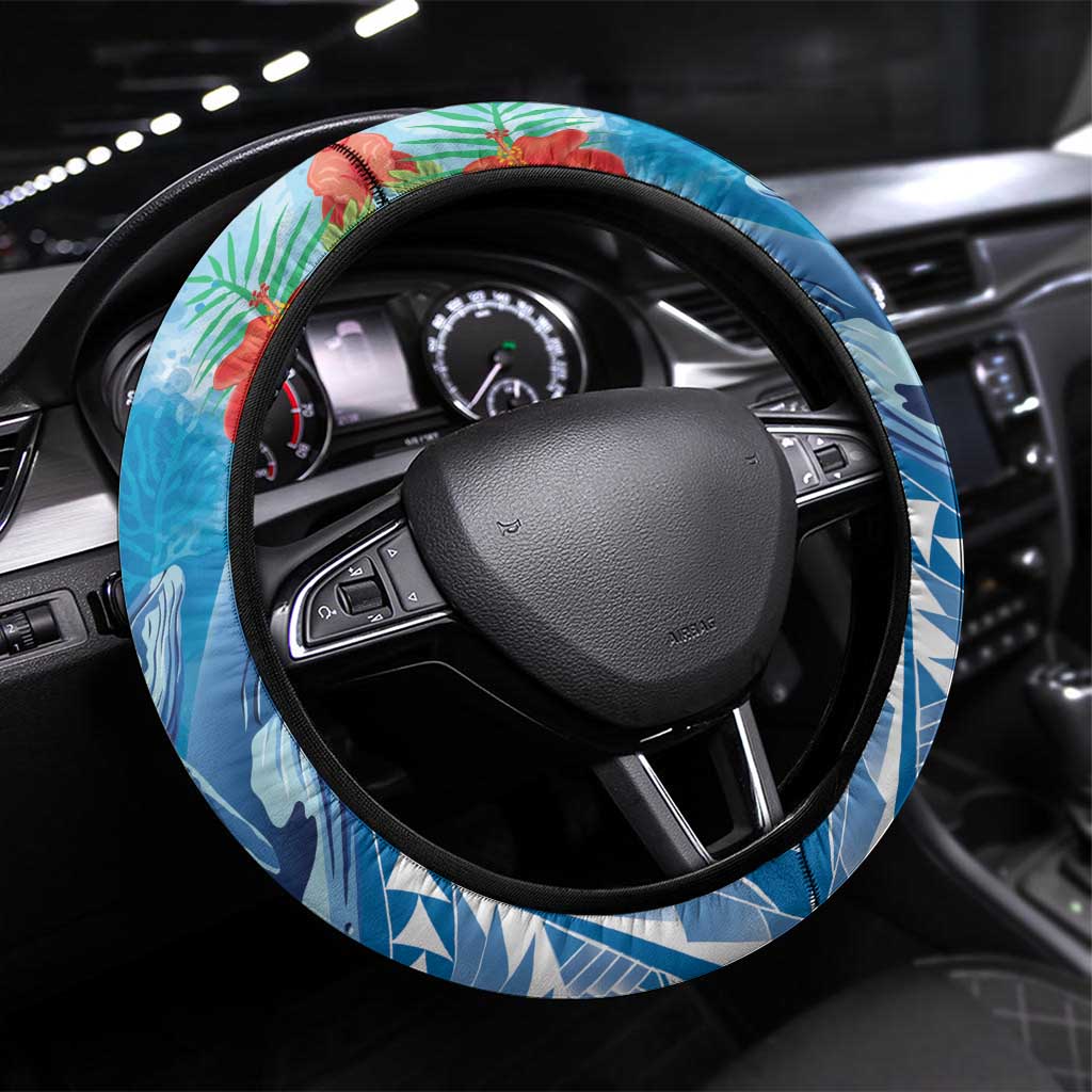 Kosrae States Humpback Whale Steering Wheel Cover Polynesian Tropical Flowers LT9 Universal Fit Blue - Polynesian Pride