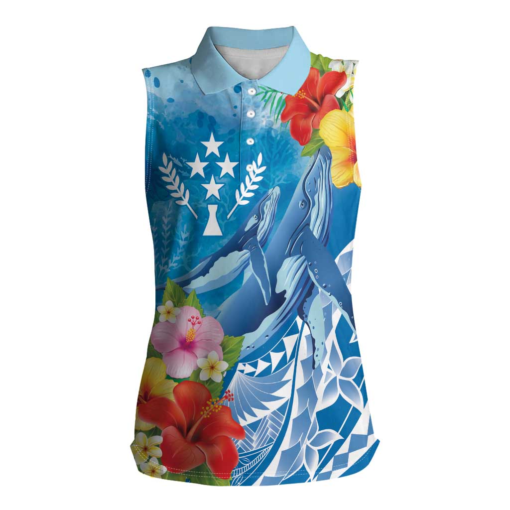 Personalised Kosrae States Humpback Whale Women Sleeveless Polo Shirt Polynesian Tropical Flowers