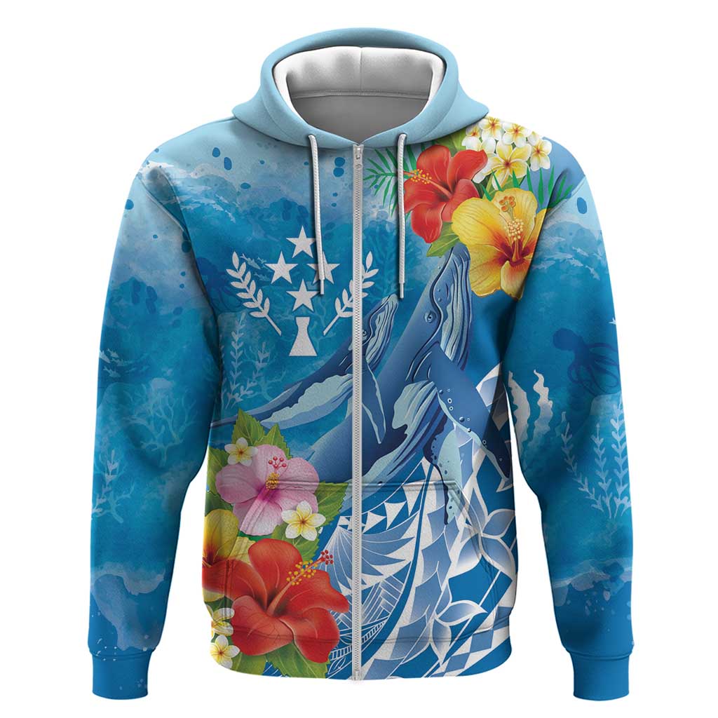Personalised Kosrae States Humpback Whale Zip Hoodie Polynesian Tropical Flowers LT9 Zip Hoodie Blue - Polynesian Pride