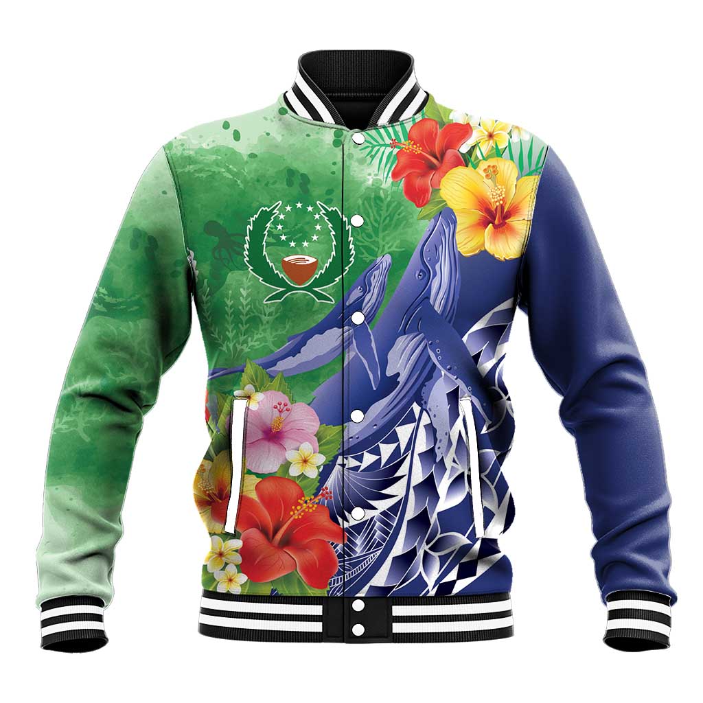 Personalised Pohnpei States Humpback Whale Baseball Jacket Polynesian Tropical Flowers LT9 Unisex Blue - Polynesian Pride
