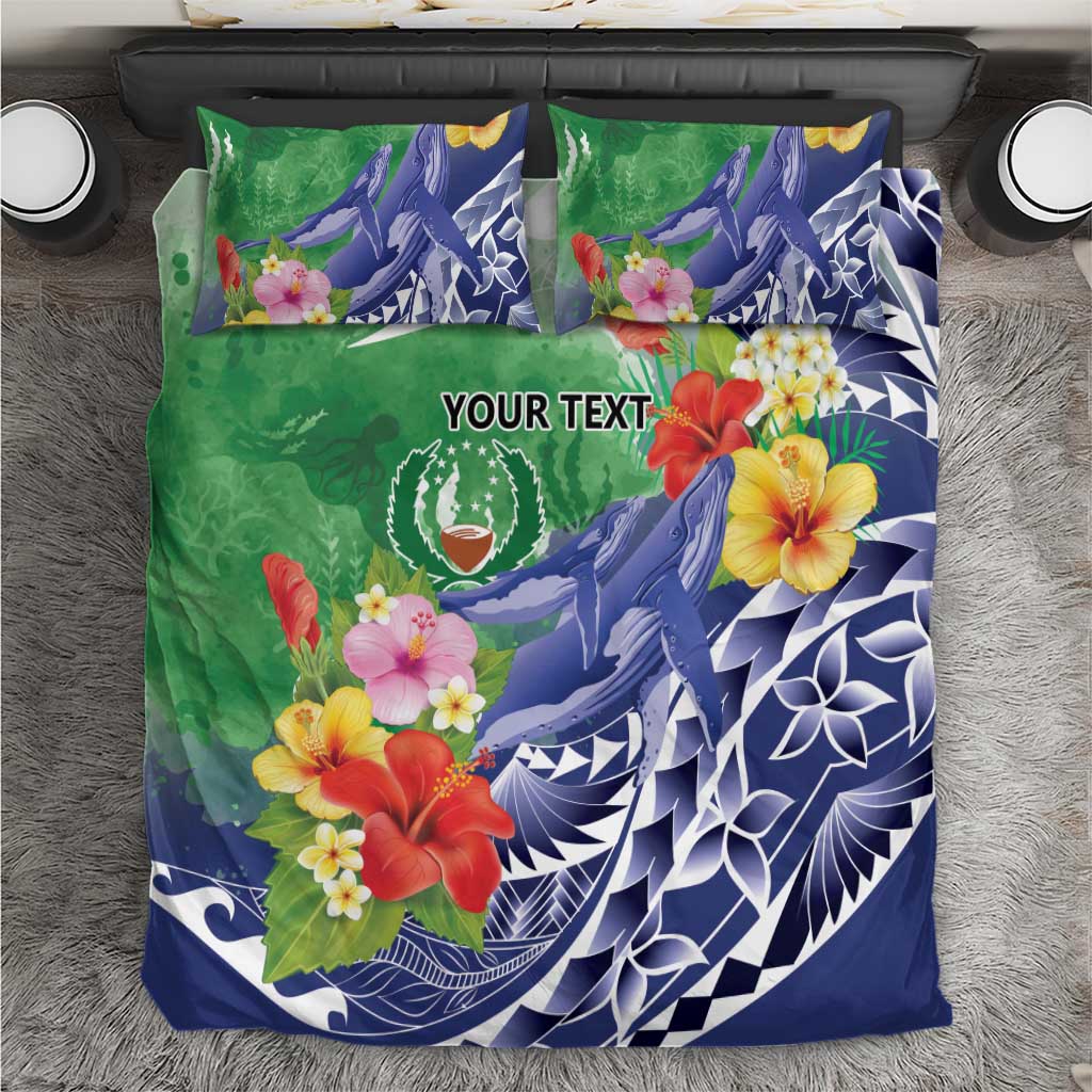 Personalised Pohnpei States Humpback Whale Bedding Set Polynesian Tropical Flowers