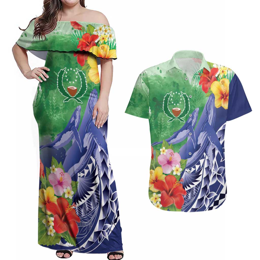 Personalised Pohnpei States Humpback Whale Couples Matching Off Shoulder Maxi Dress and Hawaiian Shirt Polynesian Tropical Flowers