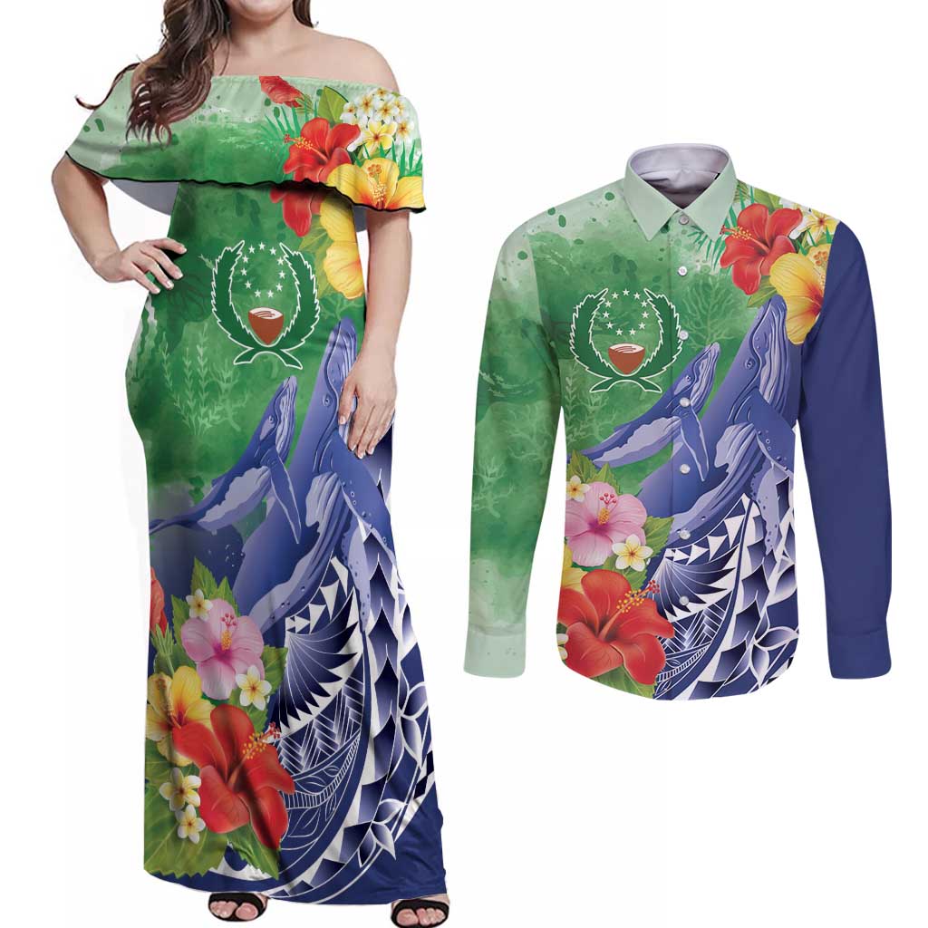 Personalised Pohnpei States Humpback Whale Couples Matching Off Shoulder Maxi Dress and Long Sleeve Button Shirt Polynesian Tropical Flowers