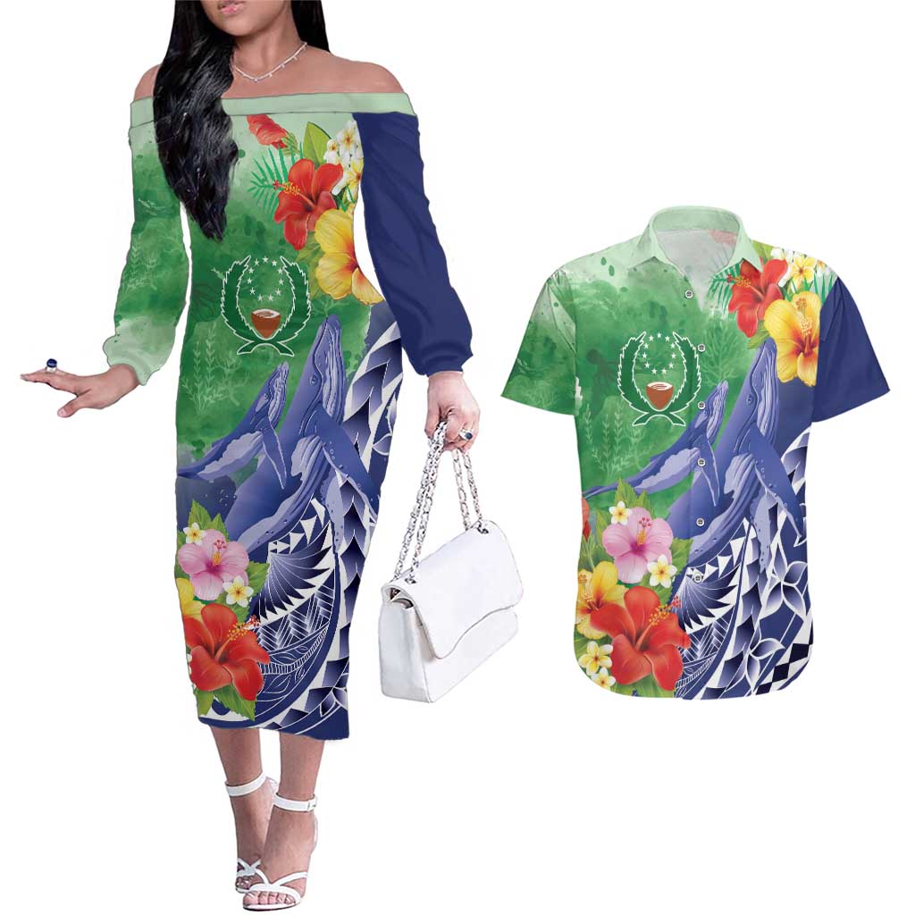 Personalised Pohnpei States Humpback Whale Couples Matching Off The Shoulder Long Sleeve Dress and Hawaiian Shirt Polynesian Tropical Flowers