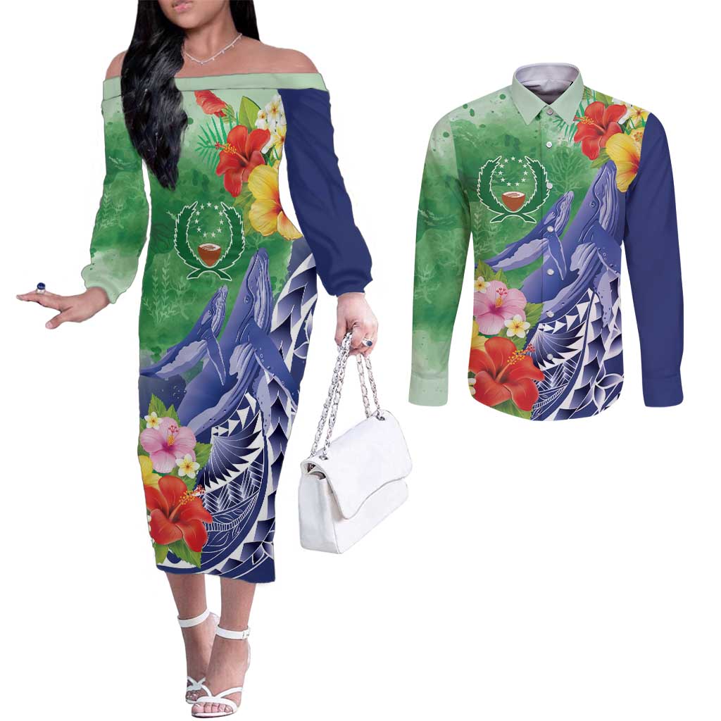 Personalised Pohnpei States Humpback Whale Couples Matching Off The Shoulder Long Sleeve Dress and Long Sleeve Button Shirt Polynesian Tropical Flowers