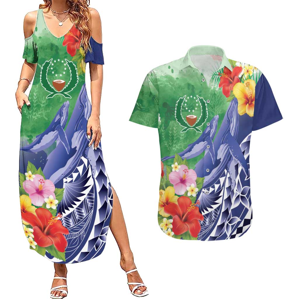 Personalised Pohnpei States Humpback Whale Couples Matching Summer Maxi Dress and Hawaiian Shirt Polynesian Tropical Flowers