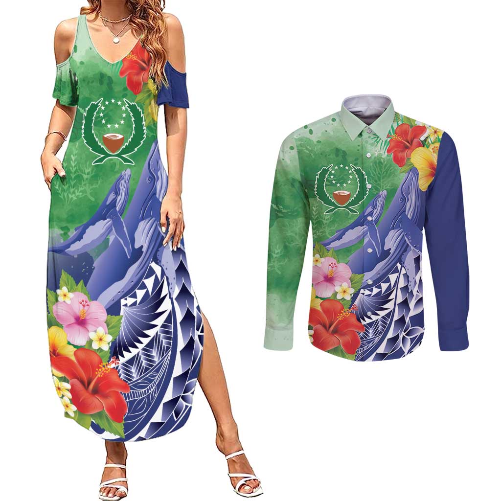 Personalised Pohnpei States Humpback Whale Couples Matching Summer Maxi Dress and Long Sleeve Button Shirt Polynesian Tropical Flowers