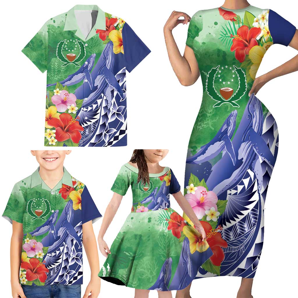 Personalised Pohnpei States Humpback Whale Family Matching Short Sleeve Bodycon Dress and Hawaiian Shirt Polynesian Tropical Flowers