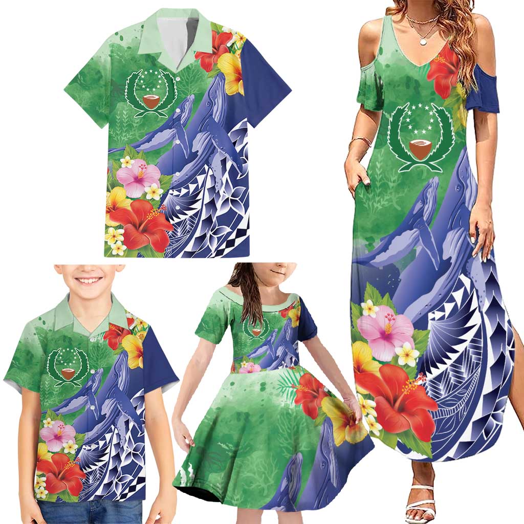 Personalised Pohnpei States Humpback Whale Family Matching Summer Maxi Dress and Hawaiian Shirt Polynesian Tropical Flowers