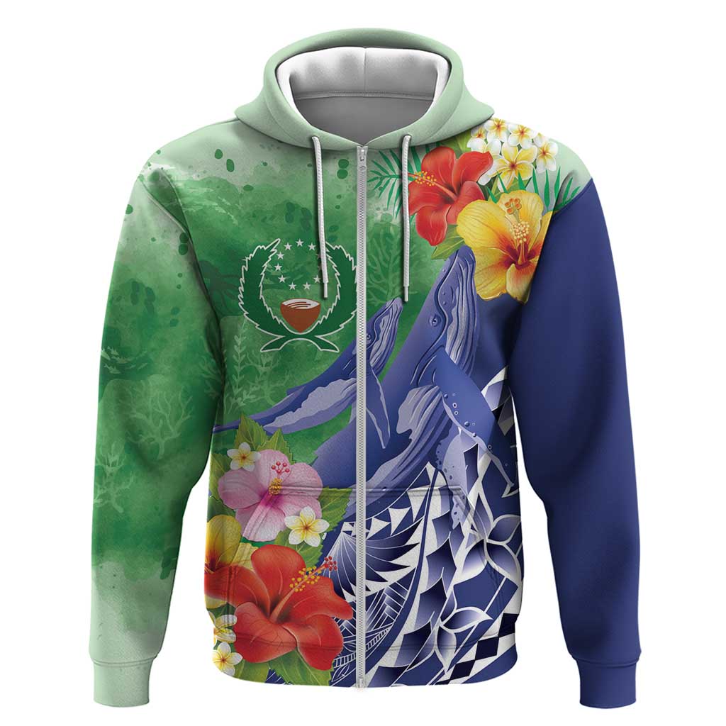 Personalised Pohnpei States Humpback Whale Hoodie Polynesian Tropical Flowers LT9 Zip Hoodie Blue - Polynesian Pride