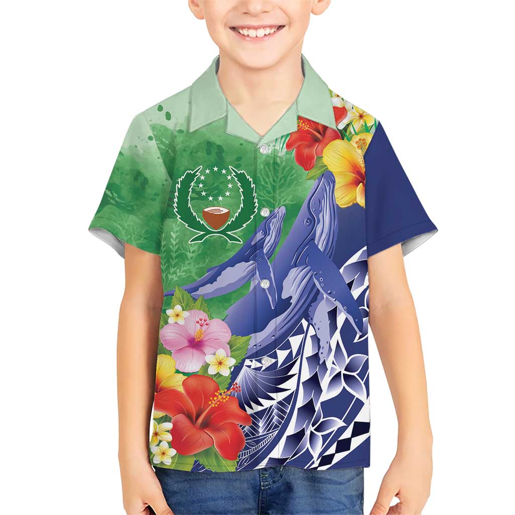 Personalised Pohnpei States Humpback Whale Kid Hawaiian Shirt Polynesian Tropical Flowers LT9 Kid Blue - Polynesian Pride