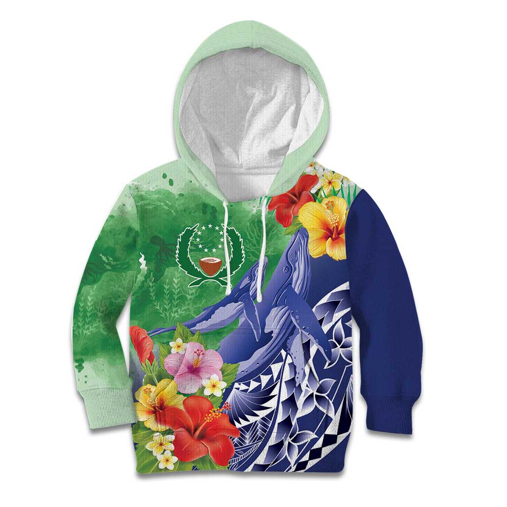 Personalised Pohnpei States Humpback Whale Kid Hoodie Polynesian Tropical Flowers LT9 Hoodie Blue - Polynesian Pride