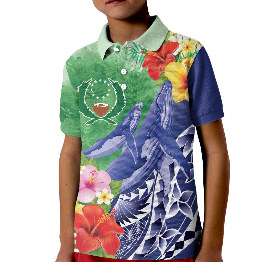 Personalised Pohnpei States Humpback Whale Kid Polo Shirt Polynesian Tropical Flowers LT9 Kid Blue - Polynesian Pride