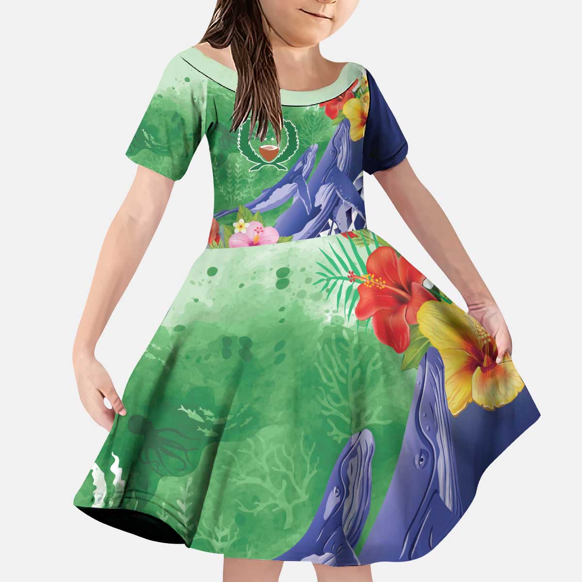 Personalised Pohnpei States Humpback Whale Kid Short Sleeve Dress Polynesian Tropical Flowers LT9 KID Blue - Polynesian Pride
