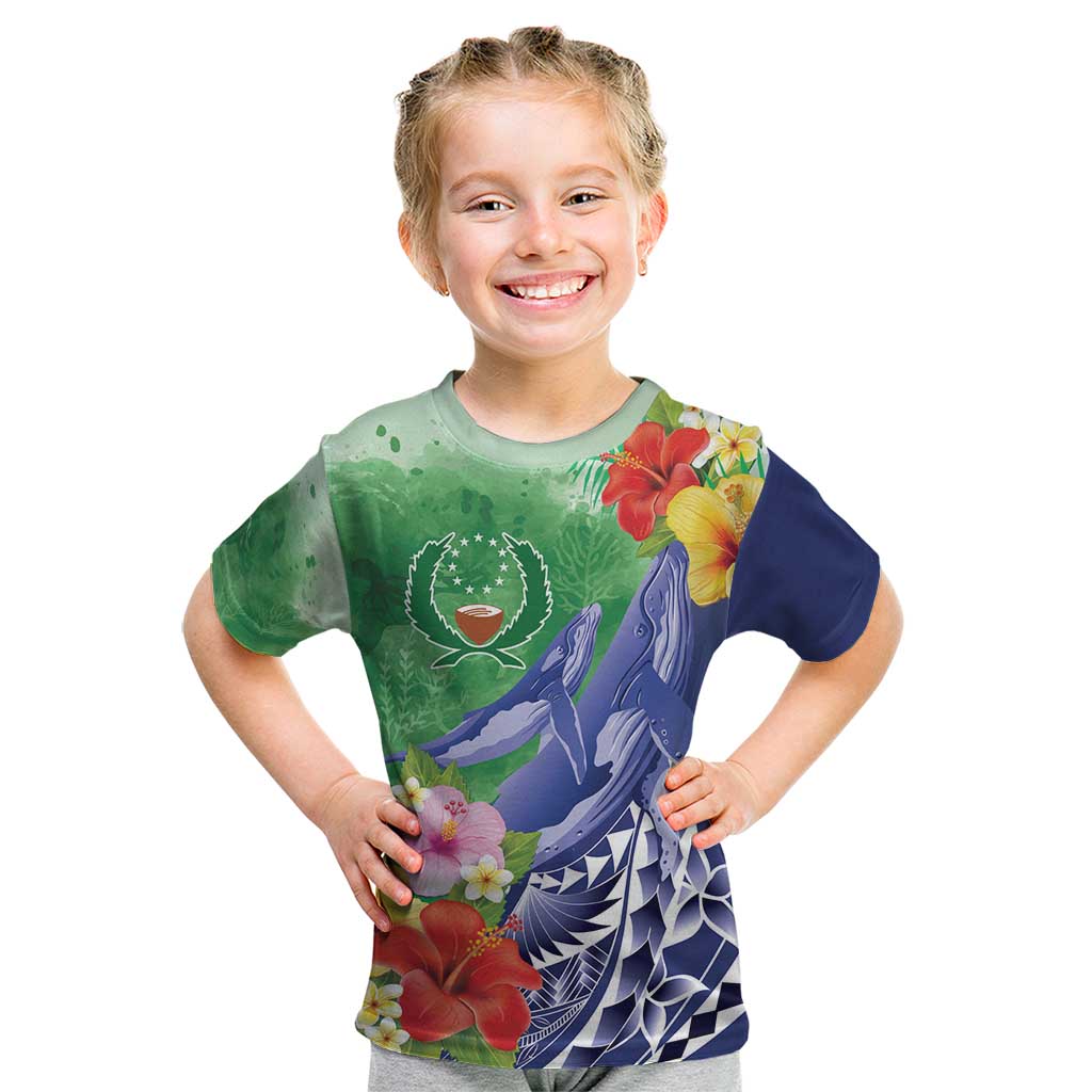 Personalised Pohnpei States Humpback Whale Kid T Shirt Polynesian Tropical Flowers LT9 Blue - Polynesian Pride