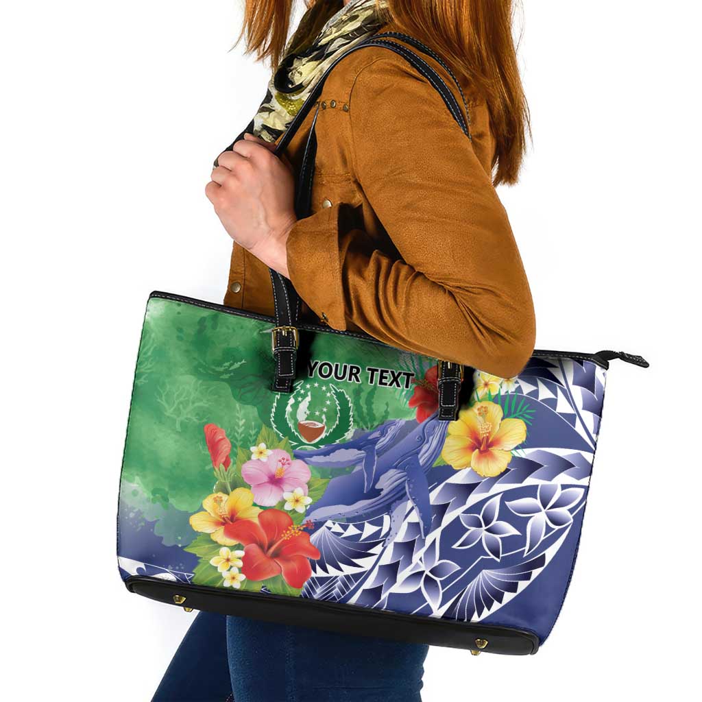 Personalised Pohnpei States Humpback Whale Leather Tote Bag Polynesian Tropical Flowers