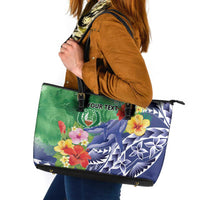 Personalised Pohnpei States Humpback Whale Leather Tote Bag Polynesian Tropical Flowers LT9 Blue - Polynesian Pride