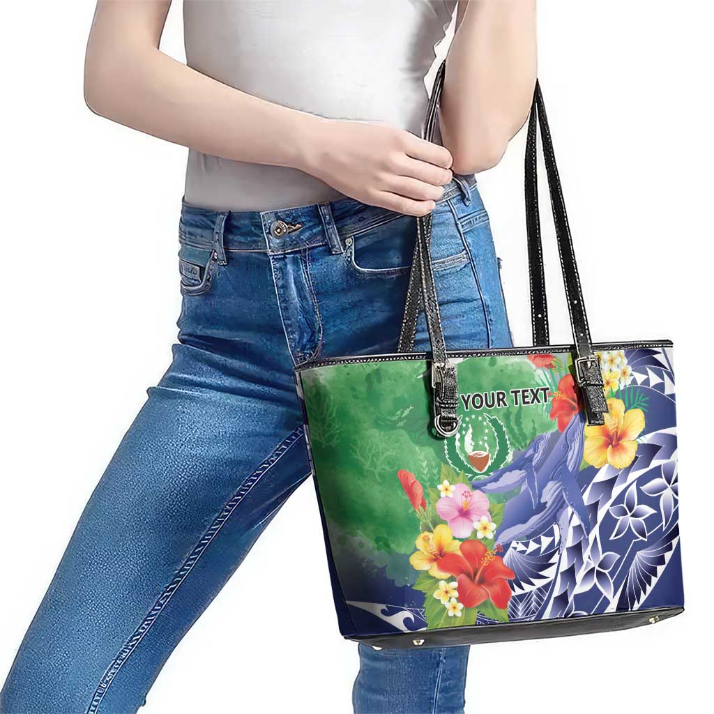 Personalised Pohnpei States Humpback Whale Leather Tote Bag Polynesian Tropical Flowers LT9 - Polynesian Pride