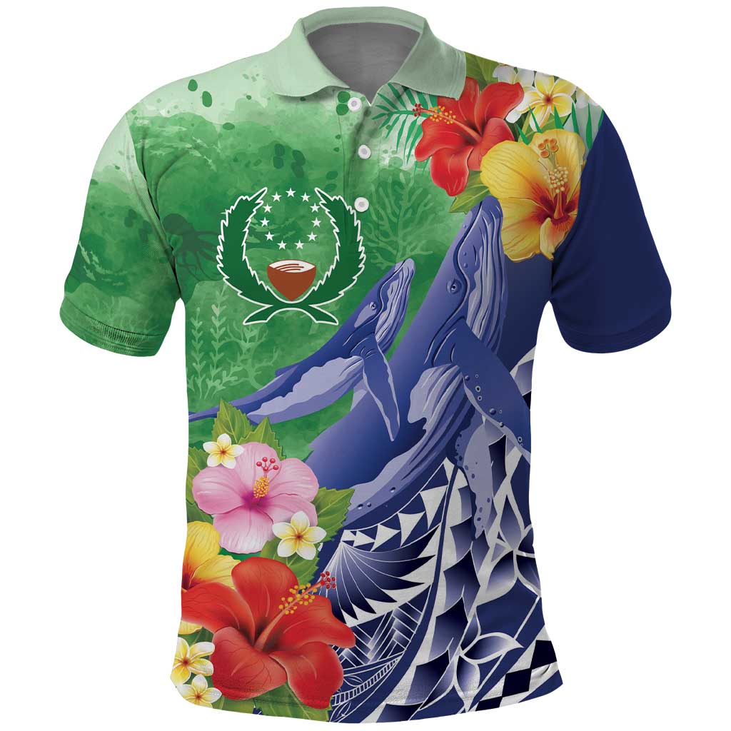 Personalised Pohnpei States Humpback Whale Polo Shirt Polynesian Tropical Flowers LT9 Blue - Polynesian Pride