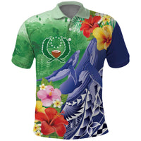Personalised Pohnpei States Humpback Whale Polo Shirt Polynesian Tropical Flowers LT9 Blue - Polynesian Pride