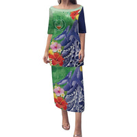 Personalised Pohnpei States Humpback Whale Puletasi Polynesian Tropical Flowers LT9 Long Dress Blue - Polynesian Pride