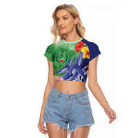 Personalised Pohnpei States Humpback Whale Raglan Cropped T Shirt Polynesian Tropical Flowers LT9 Female Blue - Polynesian Pride
