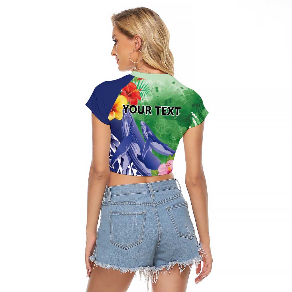 Personalised Pohnpei States Humpback Whale Raglan Cropped T Shirt Polynesian Tropical Flowers LT9 - Polynesian Pride