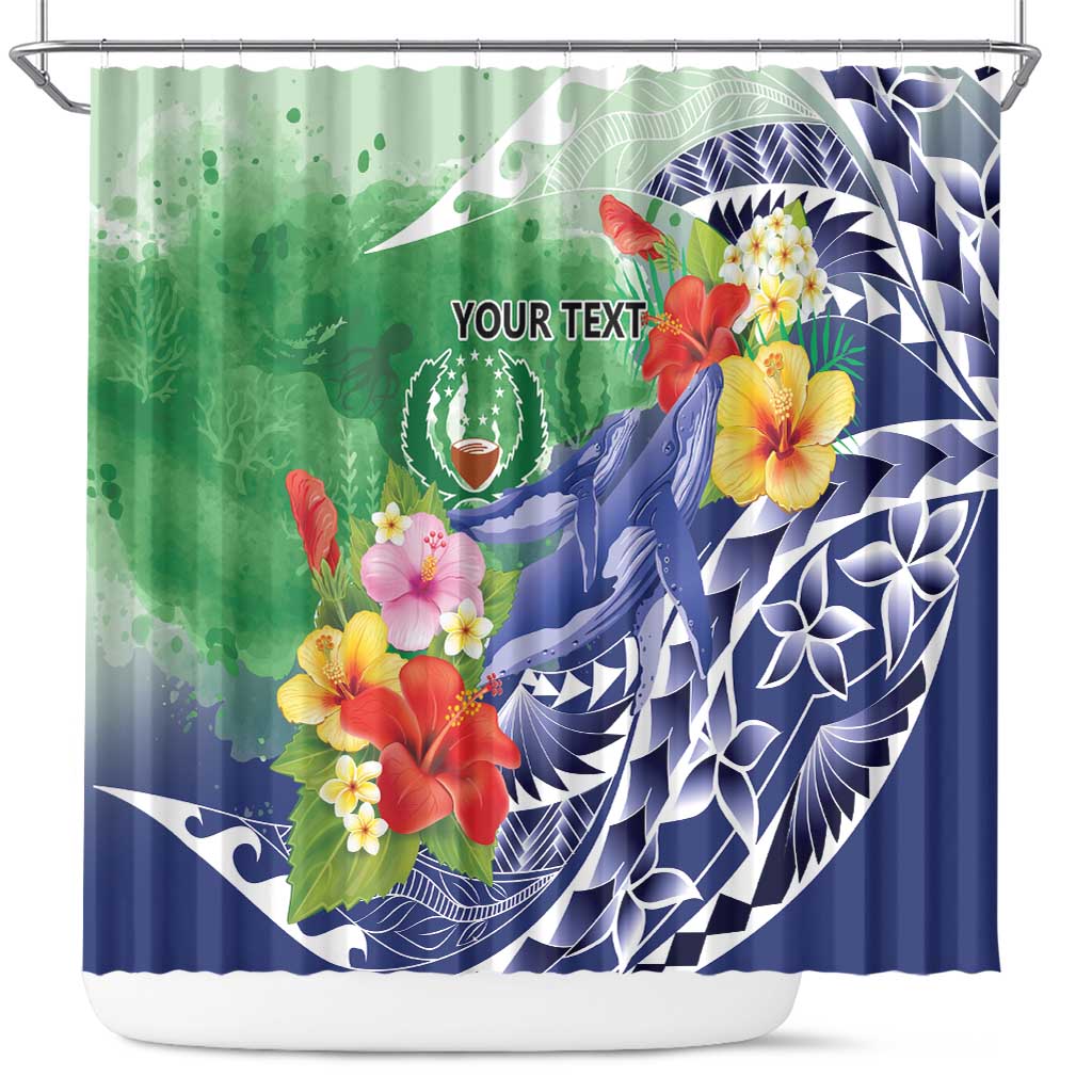 Personalised Pohnpei States Humpback Whale Shower Curtain Polynesian Tropical Flowers