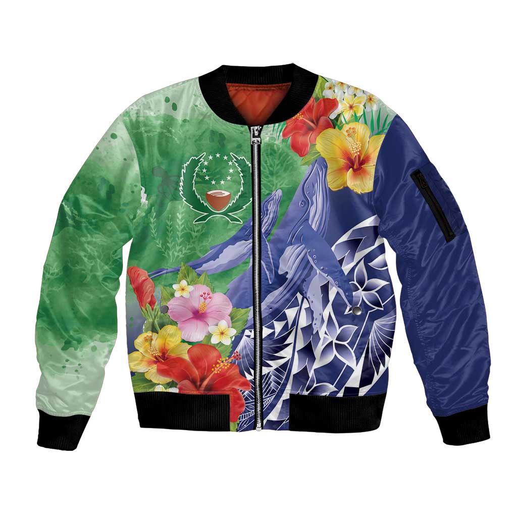 Personalised Pohnpei States Humpback Whale Sleeve Zip Bomber Jacket Polynesian Tropical Flowers LT9 Unisex Blue - Polynesian Pride