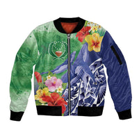 Personalised Pohnpei States Humpback Whale Sleeve Zip Bomber Jacket Polynesian Tropical Flowers LT9 Unisex Blue - Polynesian Pride