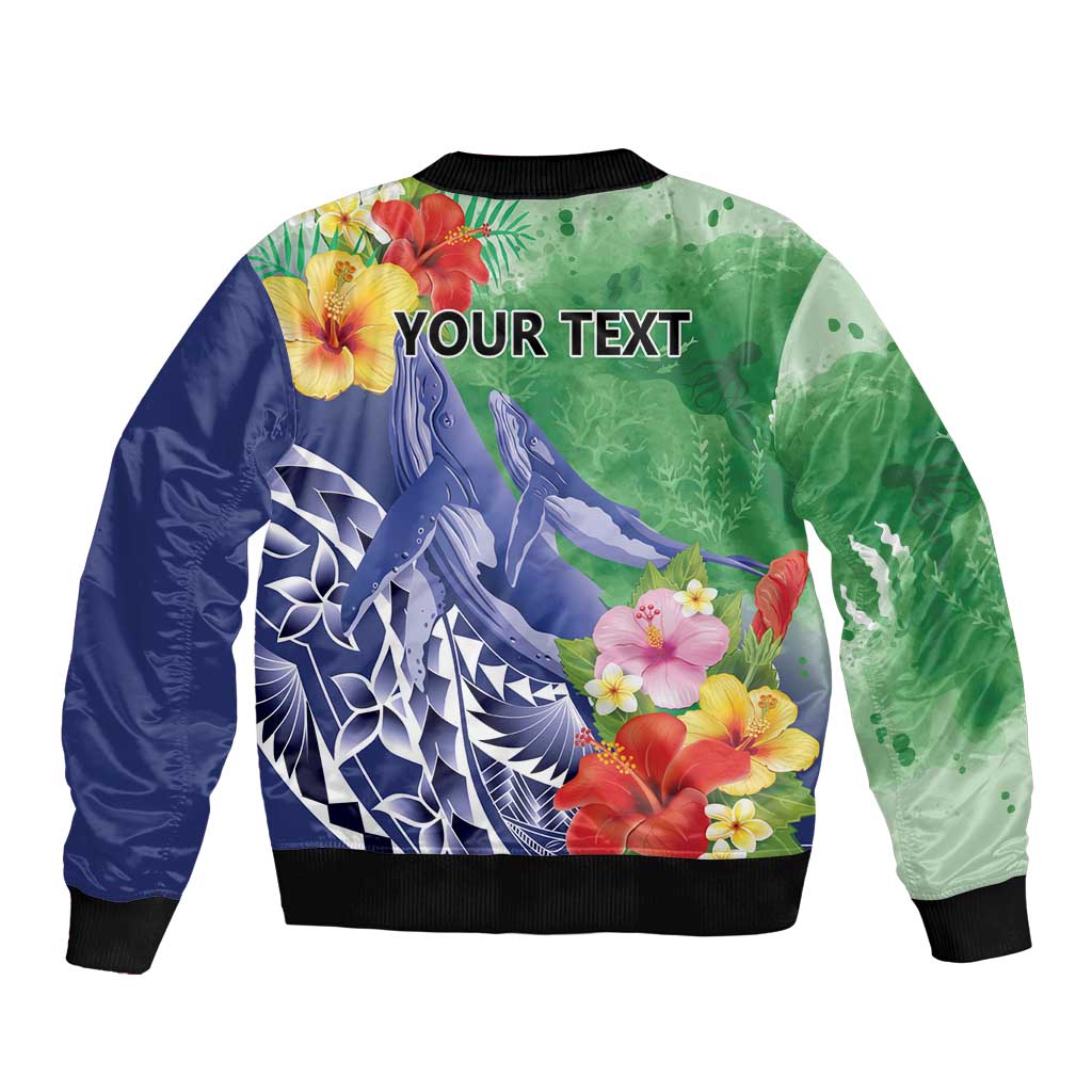 Personalised Pohnpei States Humpback Whale Sleeve Zip Bomber Jacket Polynesian Tropical Flowers LT9 - Polynesian Pride