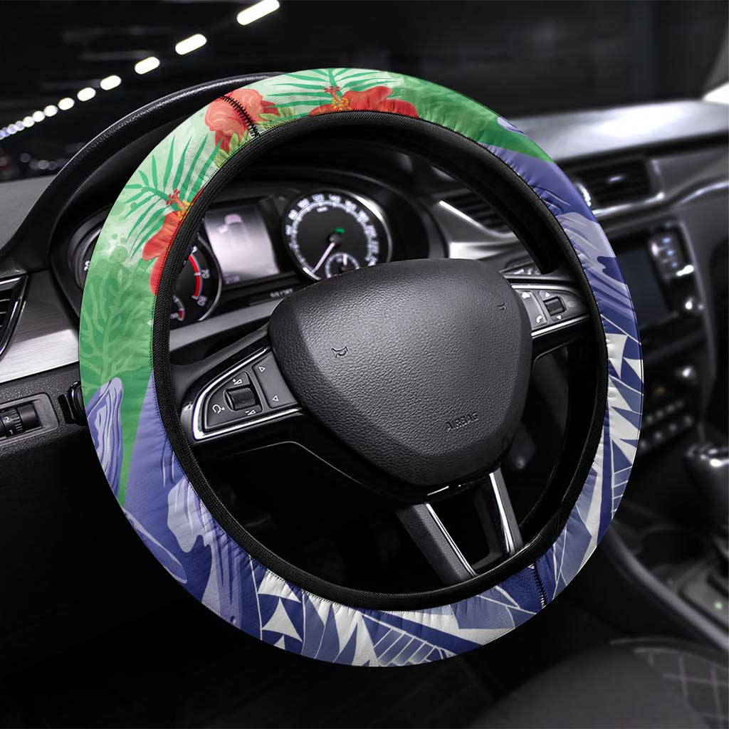 Pohnpei States Humpback Whale Steering Wheel Cover Polynesian Tropical Flowers LT9 Universal Fit Blue - Polynesian Pride