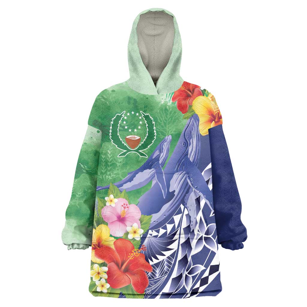 Personalised Pohnpei States Humpback Whale Wearable Blanket Hoodie Polynesian Tropical Flowers LT9 One Size Blue - Polynesian Pride