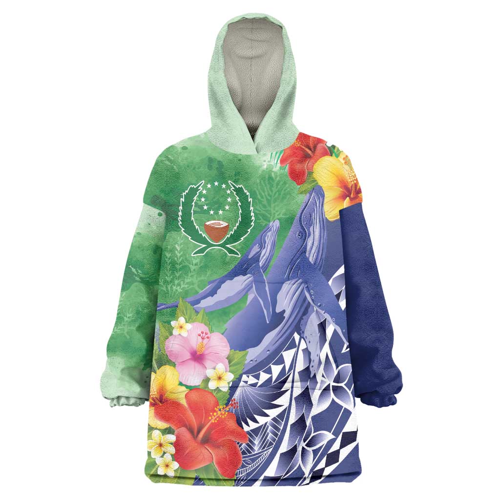 Personalised Pohnpei States Humpback Whale Wearable Blanket Hoodie Polynesian Tropical Flowers