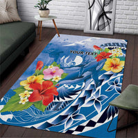 Personalised Yap States Humpback Whale Area Rug Polynesian Tropical Flowers LT9 Blue - Polynesian Pride
