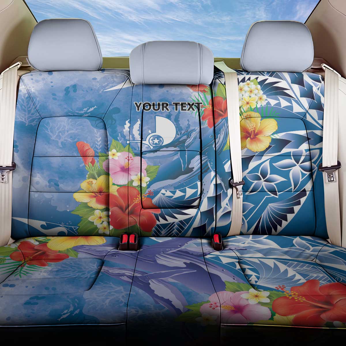 Personalised Yap States Humpback Whale Back Car Seat Cover Polynesian Tropical Flowers LT9 One Size Blue - Polynesian Pride